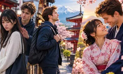 Japanese woman and American man finding love after rejection.
