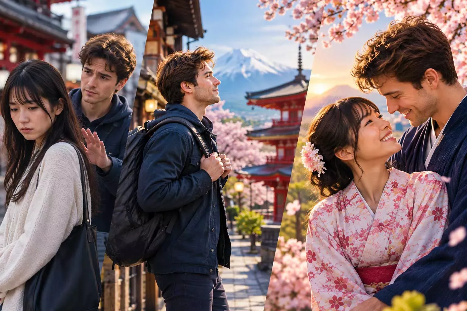 Japanese woman and American man finding love after rejection.
